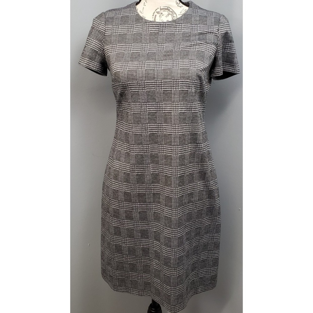Calvin Klein Sheath Dress Womens 4 Multi Black Houndstooth Short Sleeve Back Zip